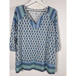 J Jill Pure Jill Women Large Petite Blue Border-Printed Split Neck Tunic Top New